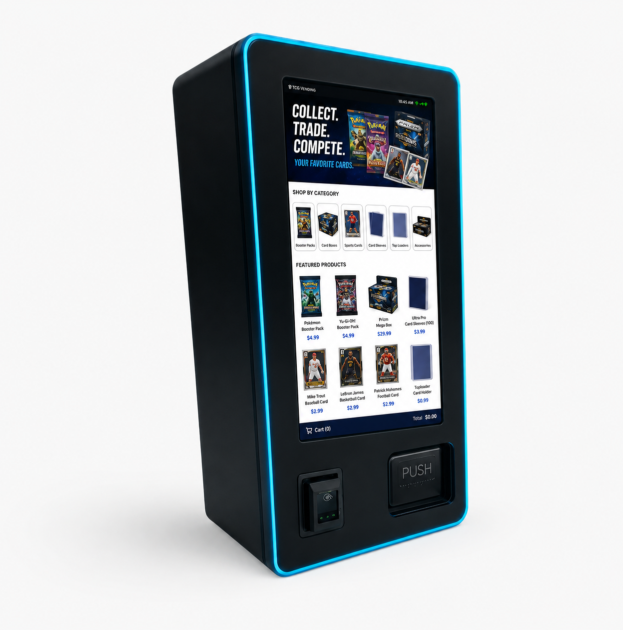 Wall-mounted card vending machine with blue LED accent lighting
