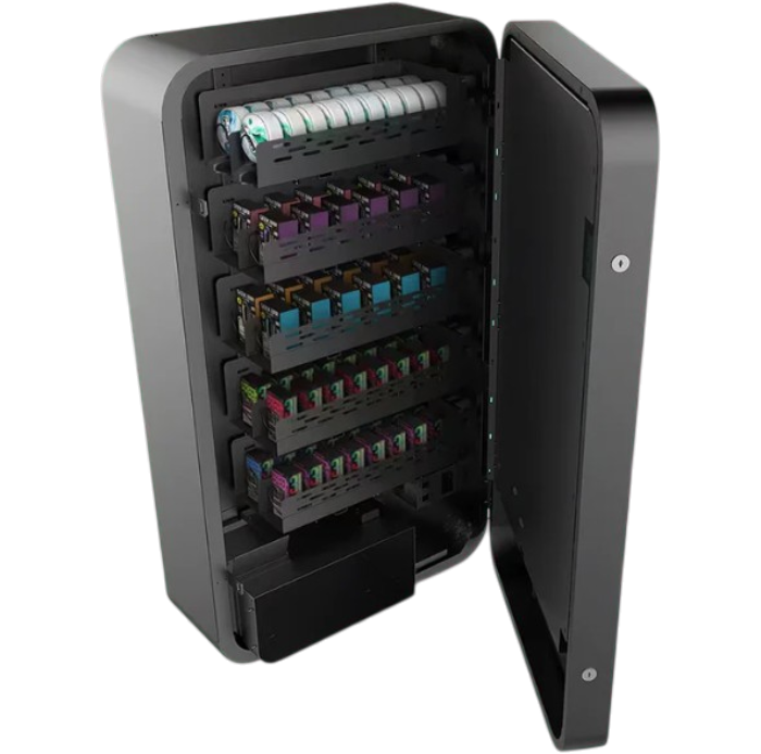 Vending machine stocked with vape and nicotine products on a bar wall